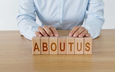 About  us word on a red wooden block.